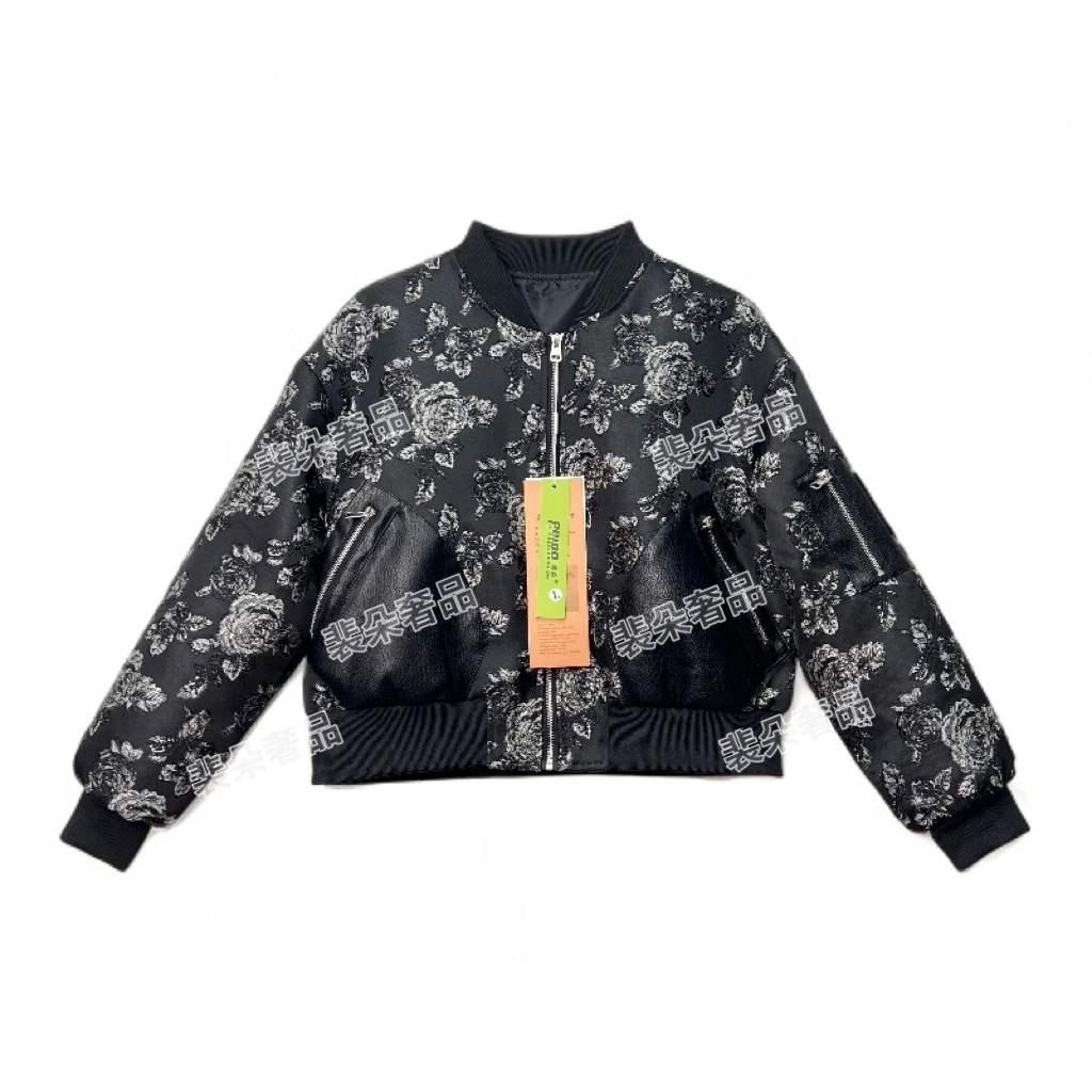 【新款】小牛皮黑色玫瑰刺绣夹克设计师百搭棒球服外套女Y818
