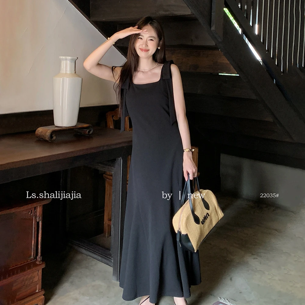 无袖别针蝴蝶结优雅气质甜美淑女时尚收腰显瘦骑车赫本风连衣裙