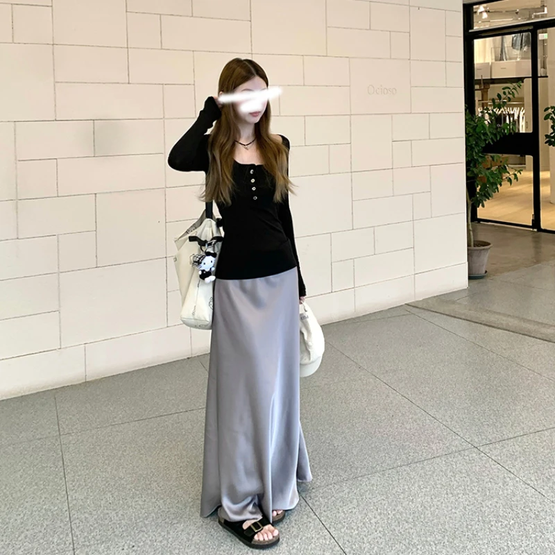 冰感半透薄款罩衫长袖显瘦t恤女夏+高级感高腰鎏光鱼尾裙长裙套装