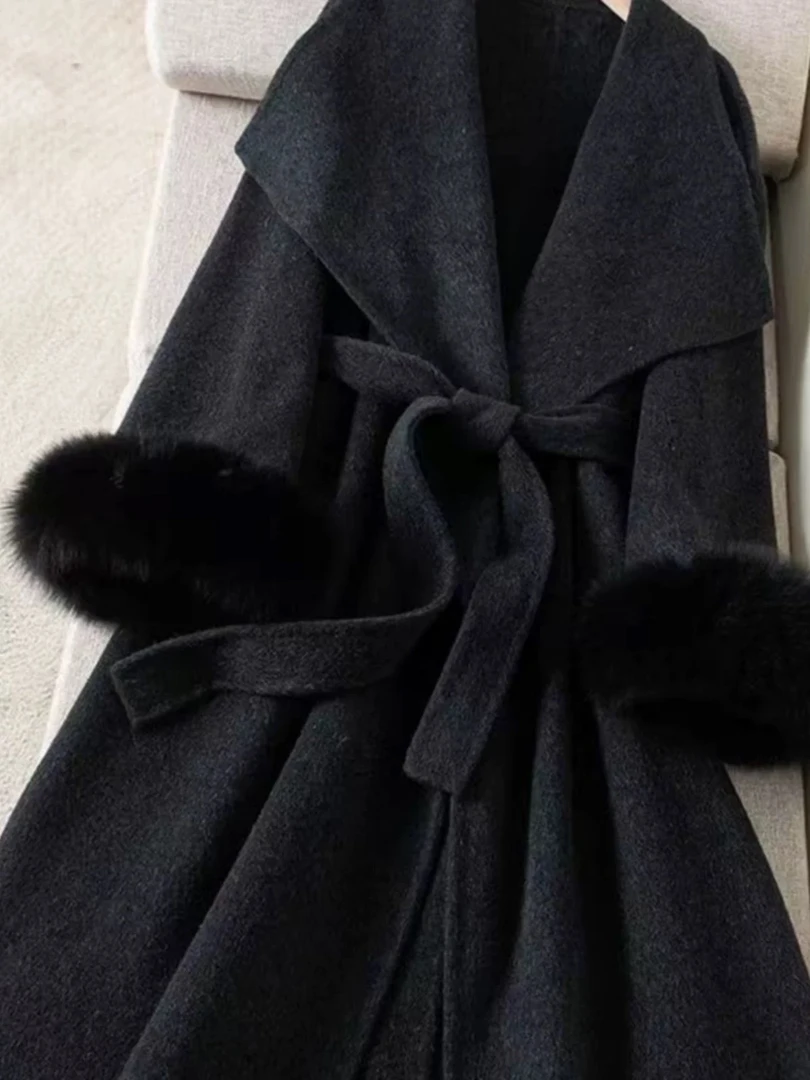 秋冬气质大翻领袖千金风羊毛大衣狐狸毛毛袖款