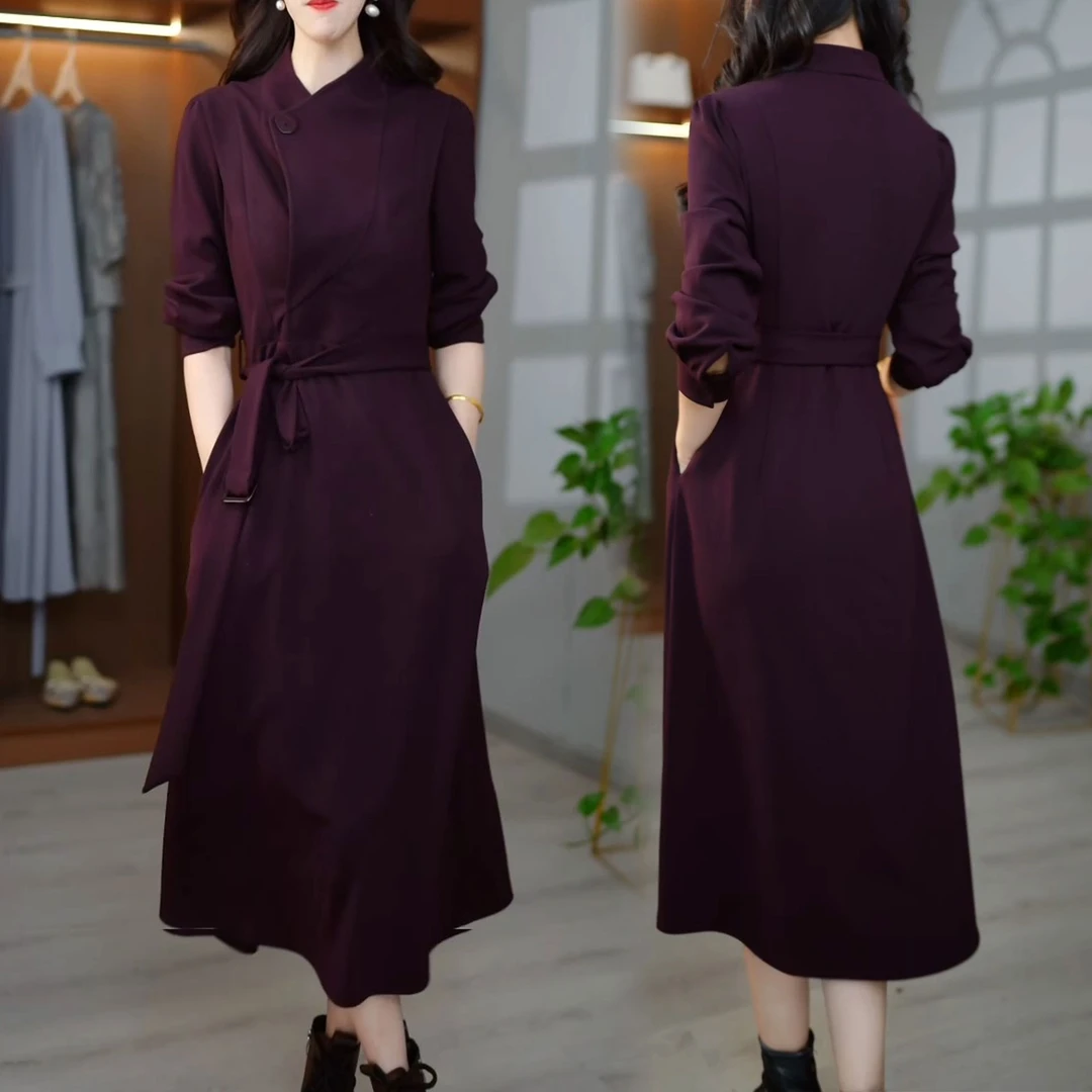 法式气质可立领可翻领长袖裙子2025秋季新款中长款腰带收腰连衣裙