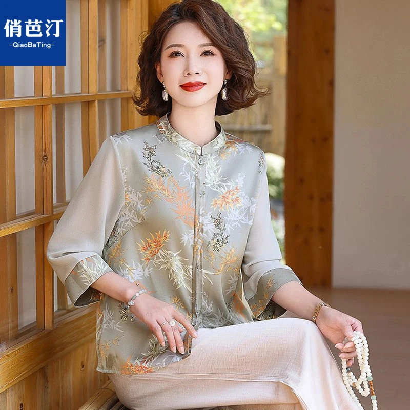 新款气质妈妈夏装国风小衫洋气时尚七分袖上衣中老年女装夏季T恤