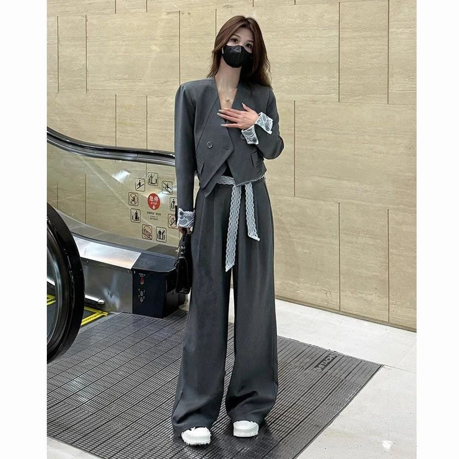 【小香西装】高个子秋季爆款蕾丝拼接西装外套+阔腿裤套装