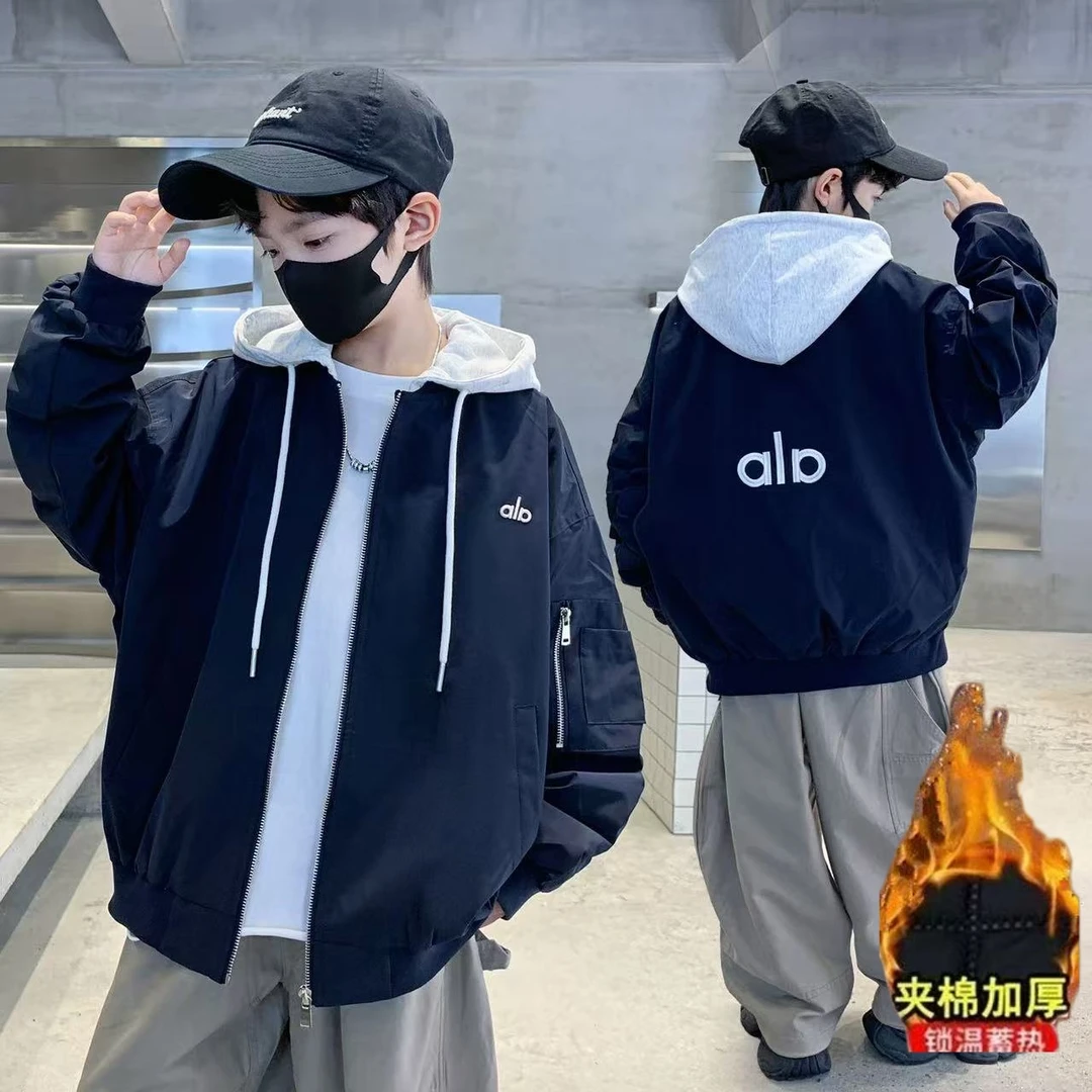 【夹棉/不夹棉】~男童秋冬韩版夹棉加厚连帽假两件字母外套洋气