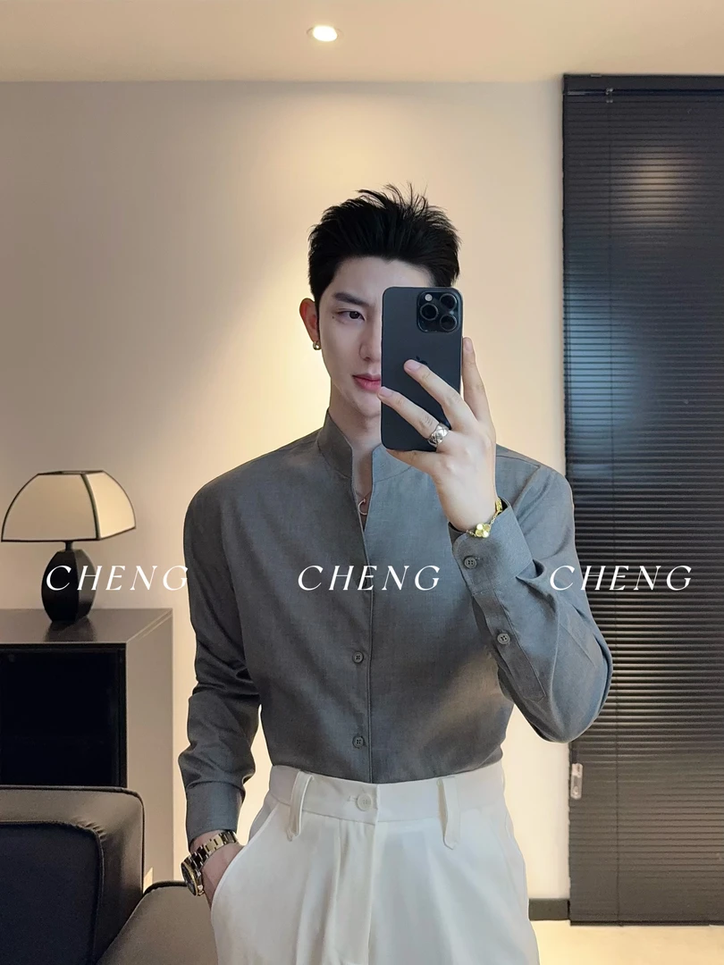 「程程的试衣间」新中式莫代尔男士一片领衬衫时尚百搭风新款衬衣