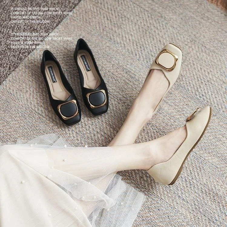 2025新款韩版网红单鞋女春夏浅口仙女方头软底平底瓢鞋豆豆单鞋女