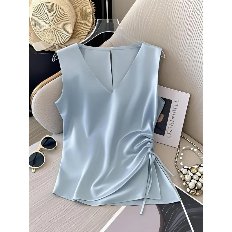 蓝色褶皱收腰系带短袖t恤女2025夏季新款百搭独特超好看缎面衬衫
