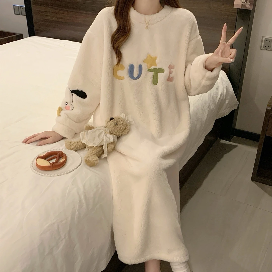 珊瑚绒睡衣女秋冬季加厚加绒法兰绒可爱小个子长袖睡裙冬季家居服