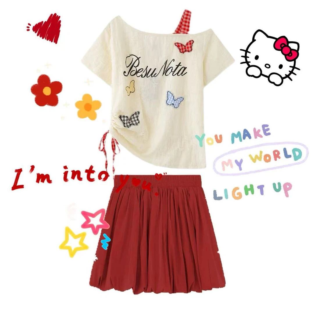 【破价三件套】蝴蝶绣花斜肩短袖T恤女夏季小个子修身显瘦百搭辣妹