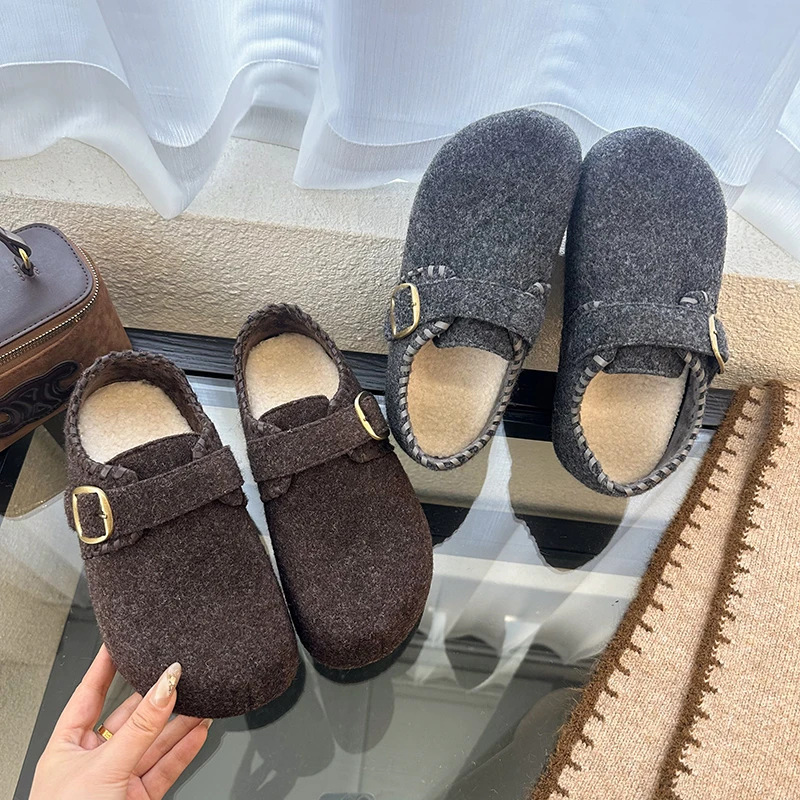 全包灰色毛毡勃肯鞋女2025秋冬新款一脚蹬懒人鞋内增高加绒雪地靴