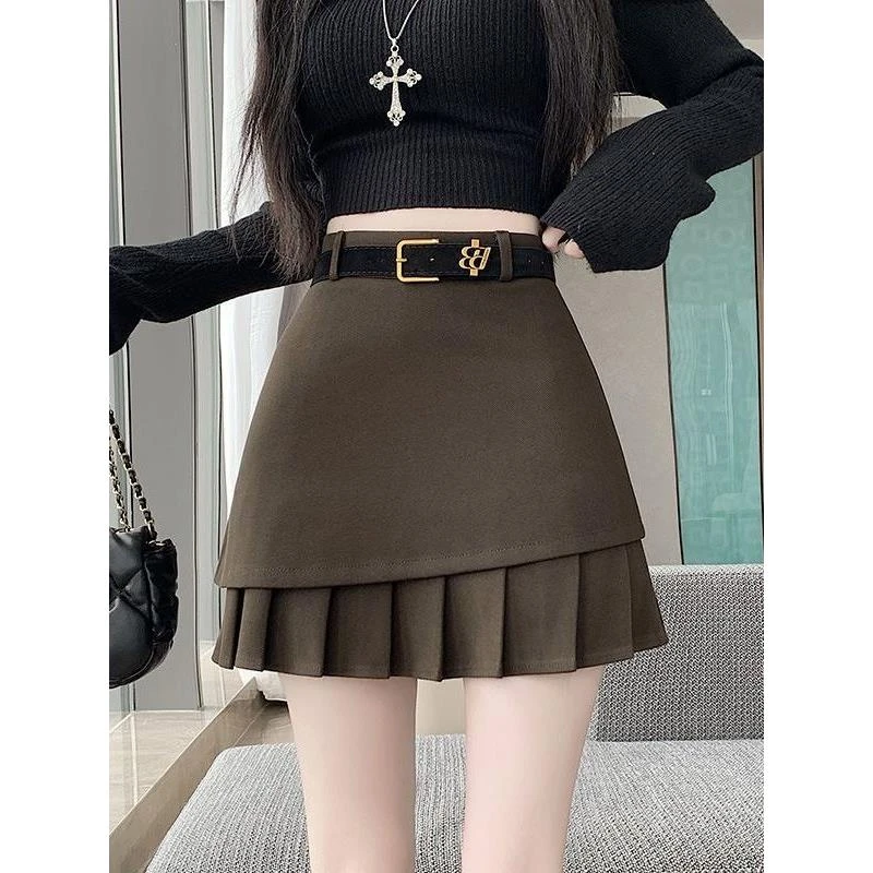 2025秋冬季新款时尚毛呢设计感显瘦高腰百褶防走光a字包臀半身裙