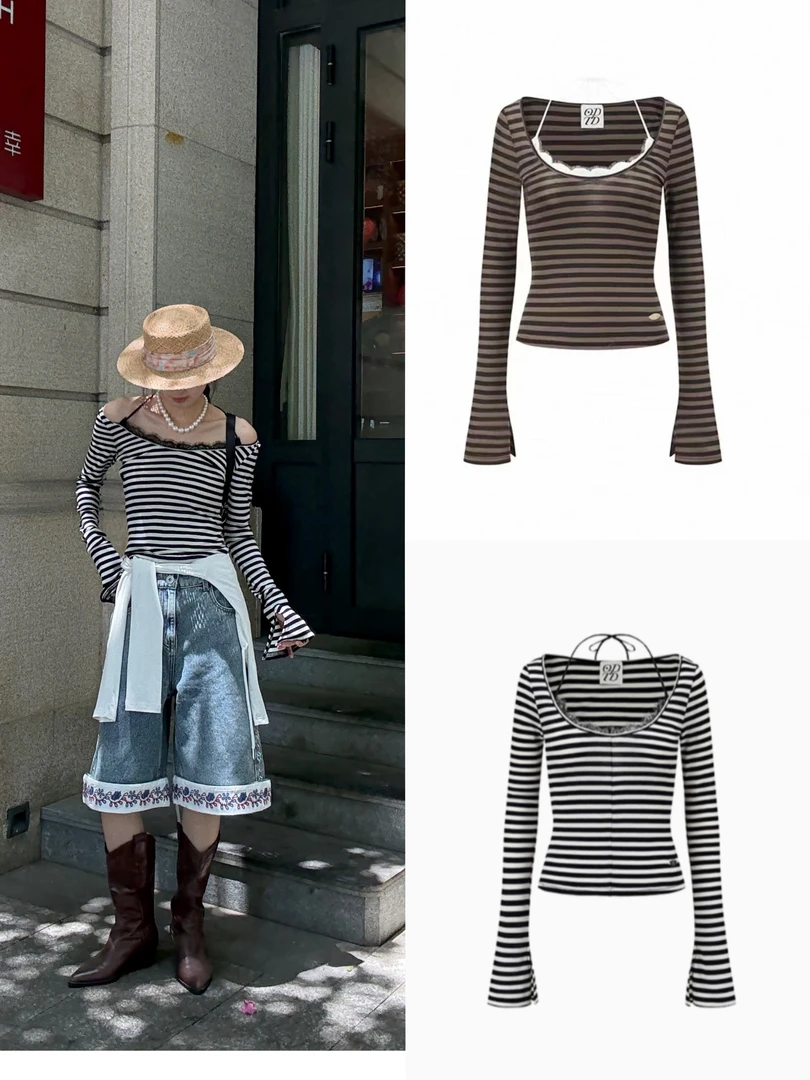 ODTD  25早秋新款条纹圆领蕾丝撞色上衣显瘦时尚紧身