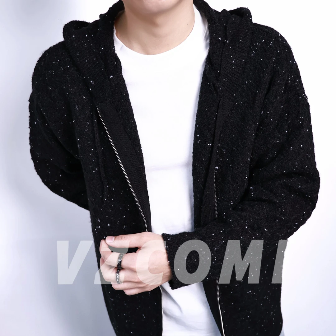 针织衫拉链毛衣落肩袖连帽针织冬季秋季满天星宽松型