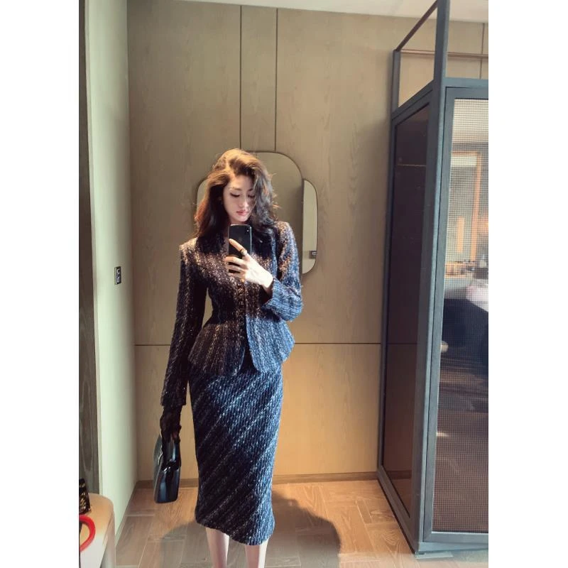 金南一小香风粗花呢面料外套半裙套装0111210976