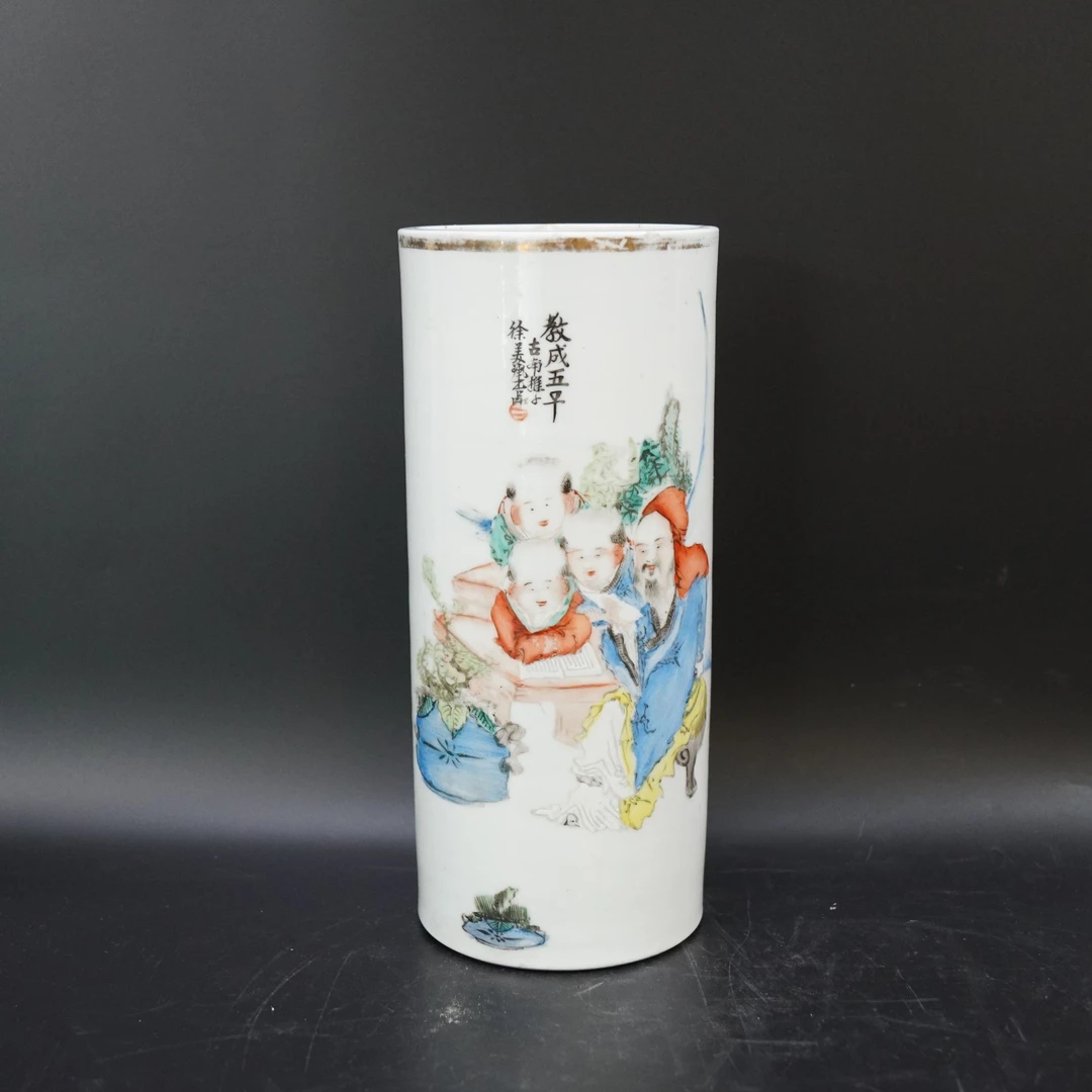 Lot.25080718民国浅终彩教子图帽筒 高：约28.3cm