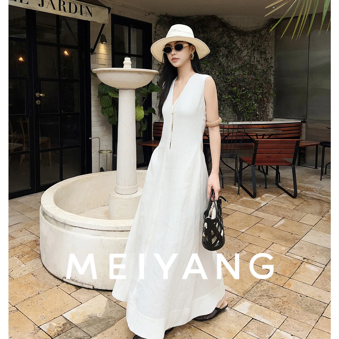 美洋MEIYANG【商场同款】 茉莉麻感连衣裙 天丝棉麻V领长裙-周五