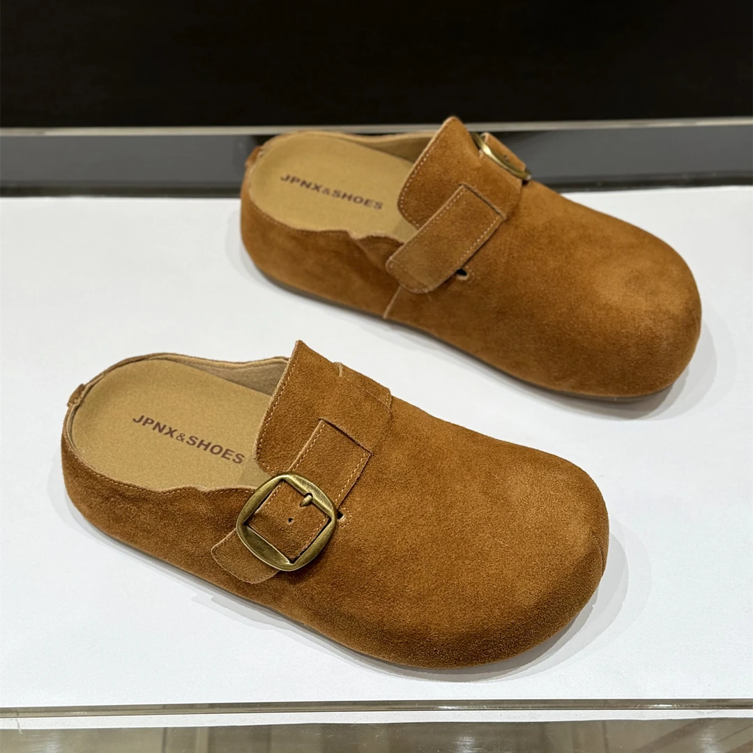 真皮韩版洋气外穿包头半拖女2025新款秋厚底复古皮带扣超火勃肯鞋