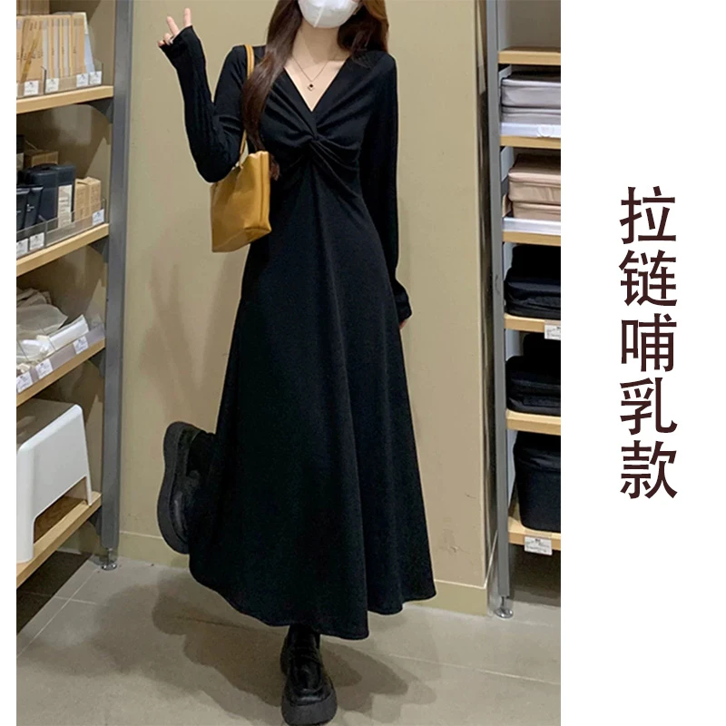 E121新款秋季法式针织长裙连衣裙2025秋季新款黑色孕妇长裙可哺乳