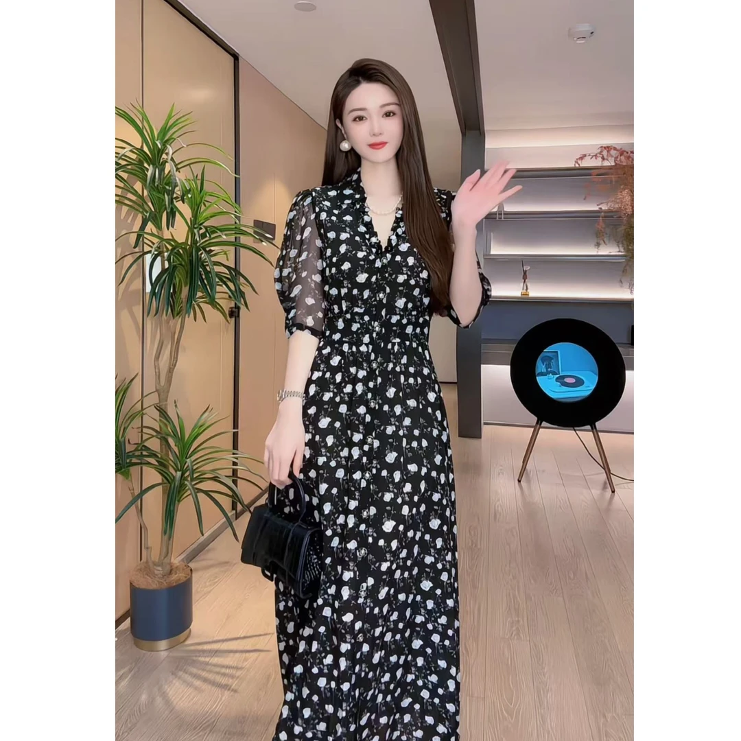 【深圳米熙儿】100%桑蚕丝新款收腰印花女装连衣裙B8033