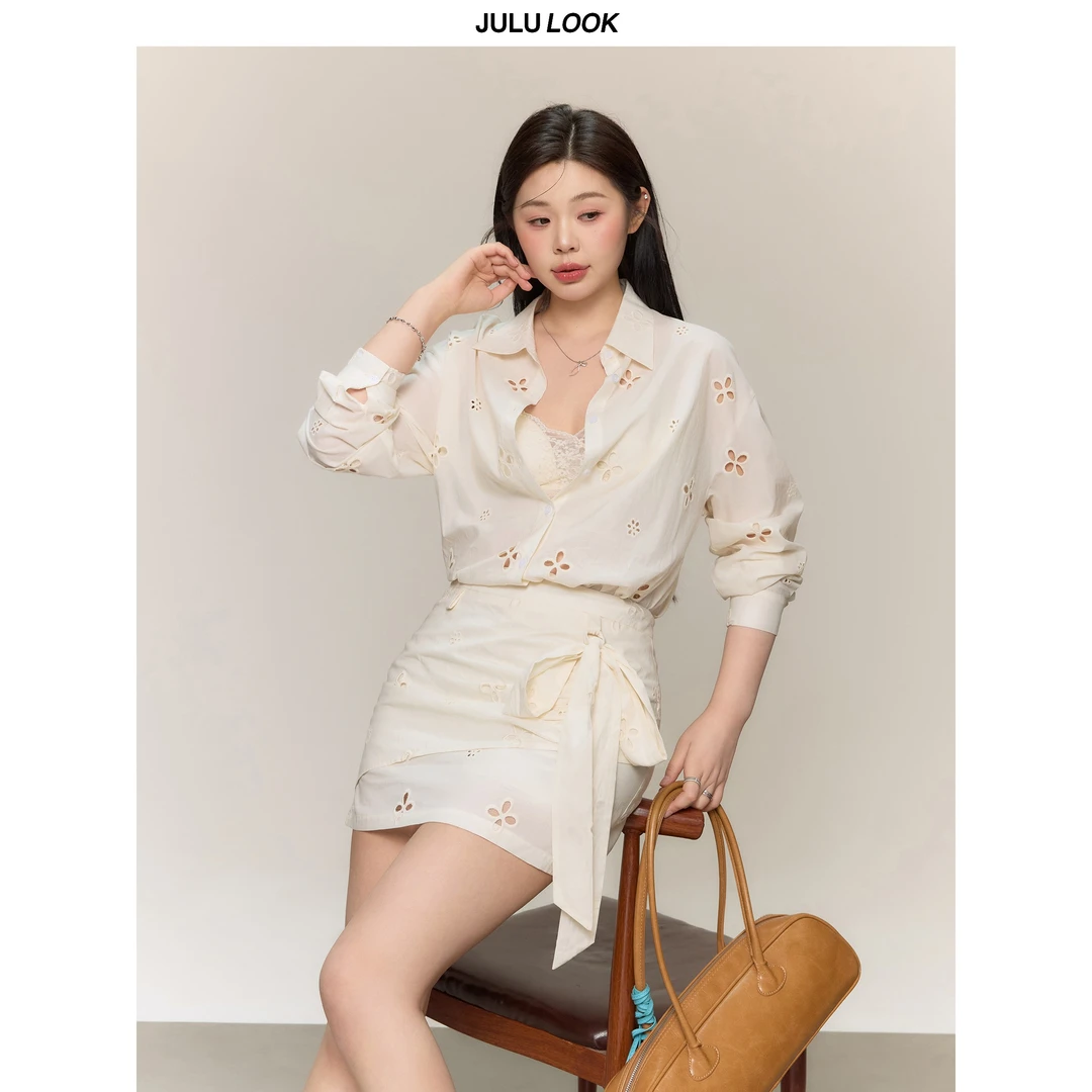 巨鹿工作室“浪漫冒险家”微胖mm镂空衬衫/包臀半裙/吊带大码套装