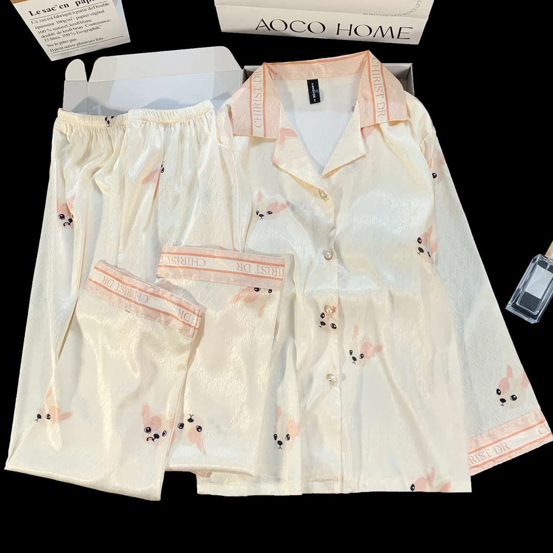 带胸垫春秋季新款甜美风睡衣女冰丝卡通法斗长袖可外穿家居服套装