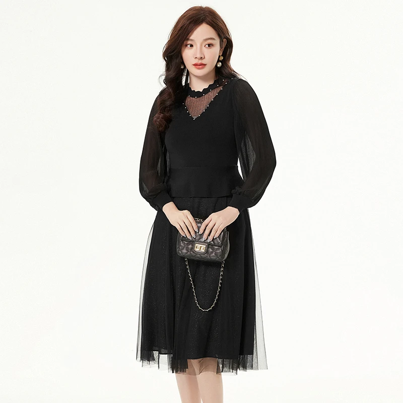 51HM0A0005装饰水钻长袖裙子网纱拼接连衣裙女2025春