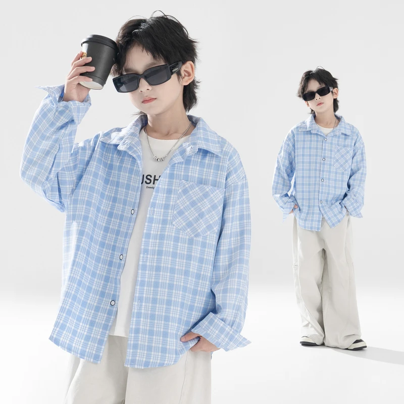 男童衬衫儿童翻领衬衣长袖秋装款蓝色格纹宽松舒适百搭柔软亲肤