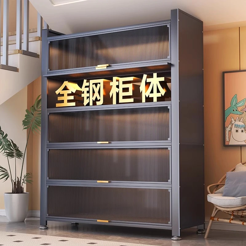 家用钢制厨房收纳柜落地多层置物架微波炉烤箱橱柜带门防尘储物柜