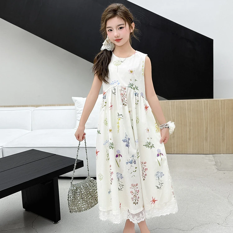 无袖碎花连衣裙女童中长款夏季2025流行法式甜美蕾丝拼接背心