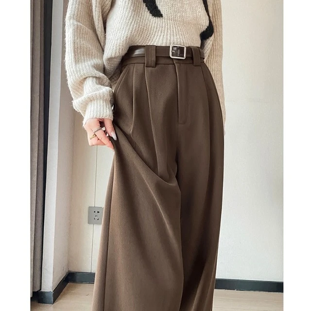 美拉德咖色窄版阔腿裤女秋冬2025新款加绒加厚毛呢裤高级感西装裤