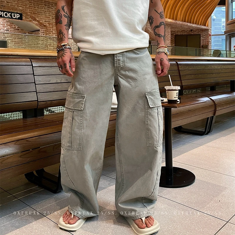 OXFREAK 「香蕉弯刀 裁剪分割」直筒高腰牛仔裤男宽松美式工装裤