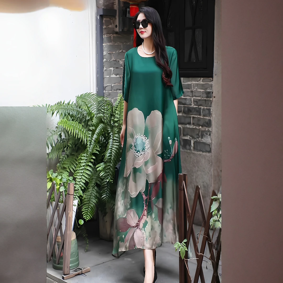 ⑥25夏文艺复古大码印花飘逸连衣裙新中式国风高级感气质显瘦长裙