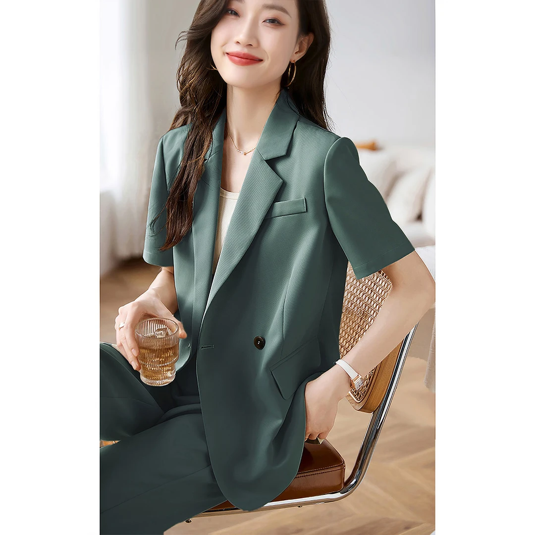 沫晗依美简约通勤西装套装2025纯色高级质感垂感斜纹两件套18232