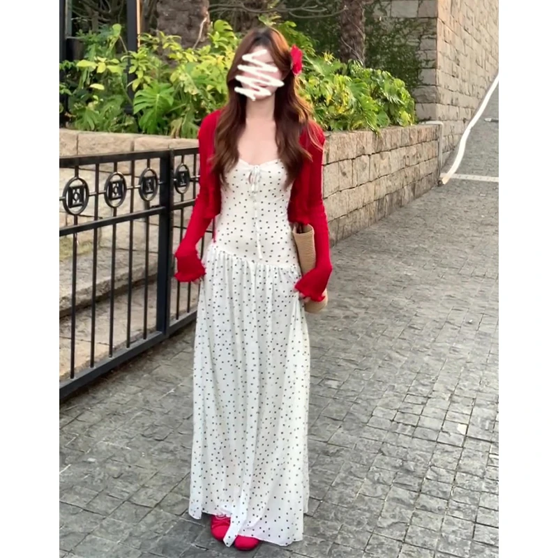 2025春季新款女法式气质修身长袖针织开衫波点收腰显瘦吊带连衣裙