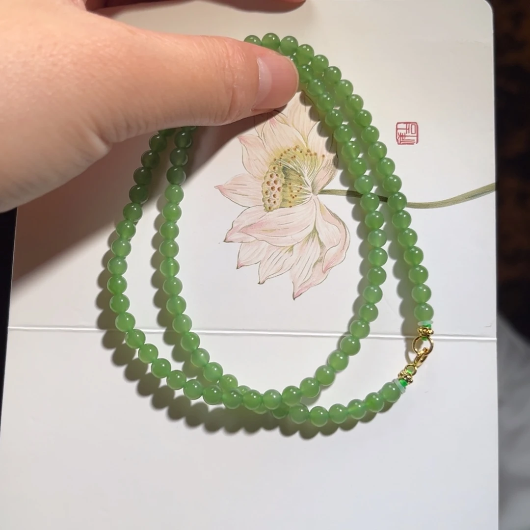 和田玉银S925镶嵌颈饰碧玉果绿5mm小米链495