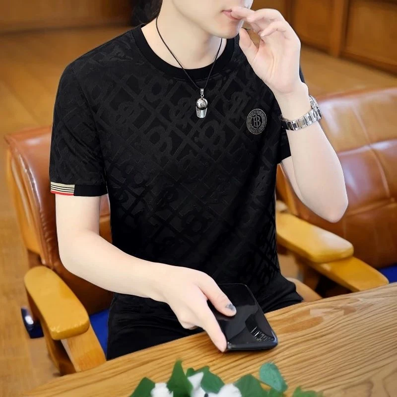 男士t恤短袖夏季时尚新款潮牌潮流圆领冰丝大码男装帅气夏装半袖