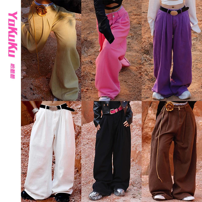 哟酷酷夏季复古小众设计新款复古做旧中高腰阔腿裤百搭宽松时尚款