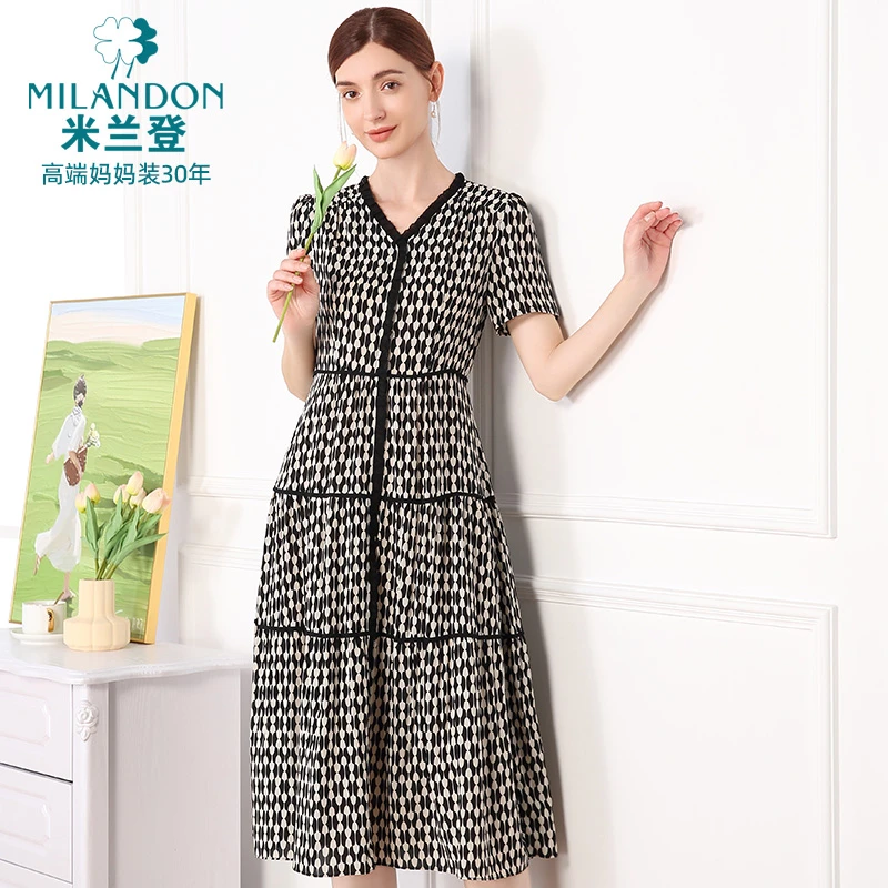 MILANDON/米兰登2025夏季印花连衣裙收腰显瘦中长款裙子1Q220104M