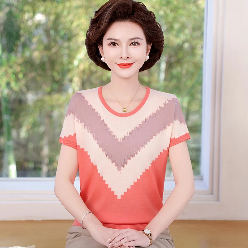中年妈妈夏装时尚短袖针织衫上衣中老年女装薄款气质冰丝T恤薄款
