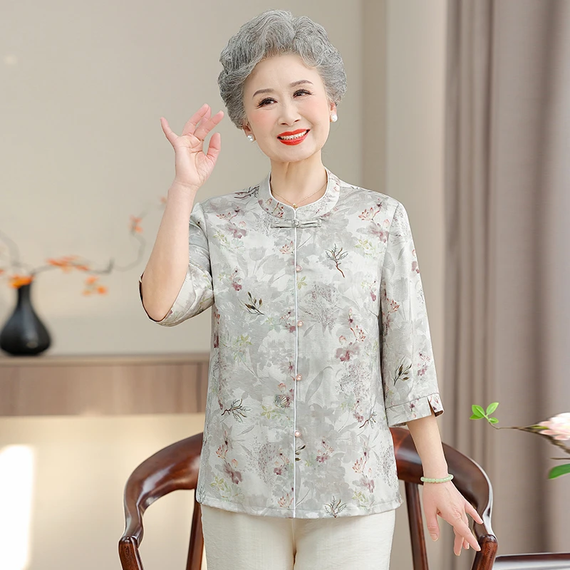 中老年人气质妈妈装衬衣奶奶装七分袖衬衫6070春夏薄款老太太衣服