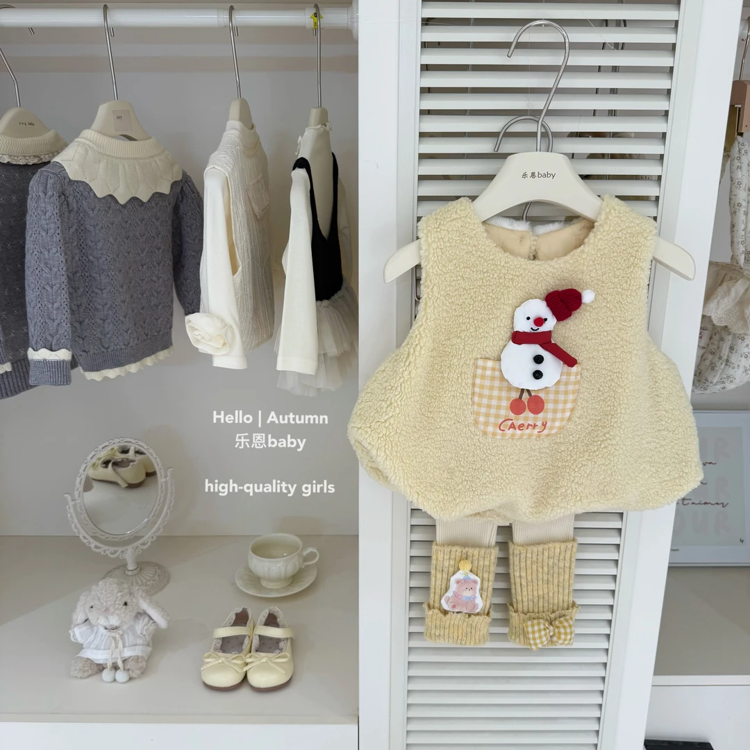 【乐恩童装】原创设计秋冬女童黄色雪人夹棉马甲针织打底裤两件套
