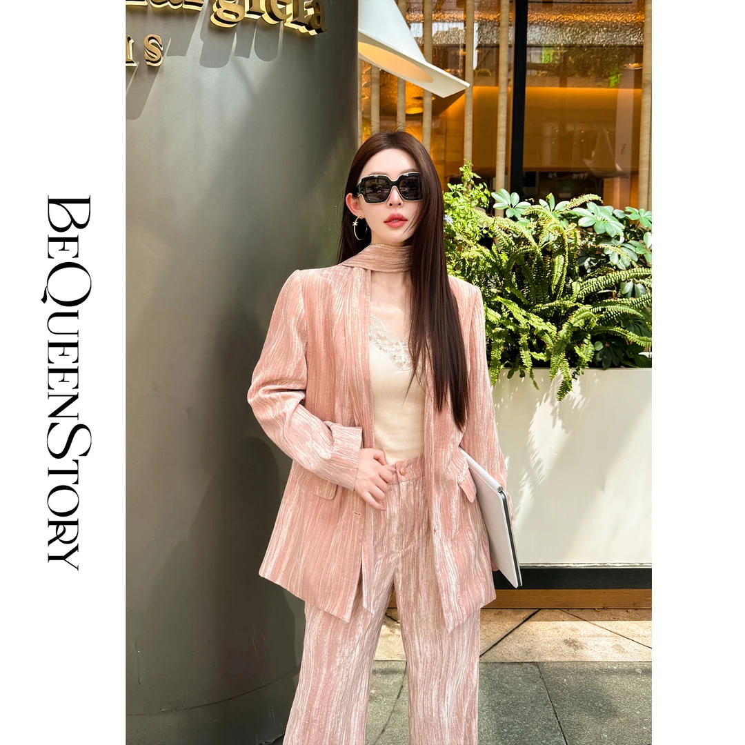 余潇潇【恋恋维纳斯】丝绒感烫金自带飘带垫肩西装外套&休闲直筒裤