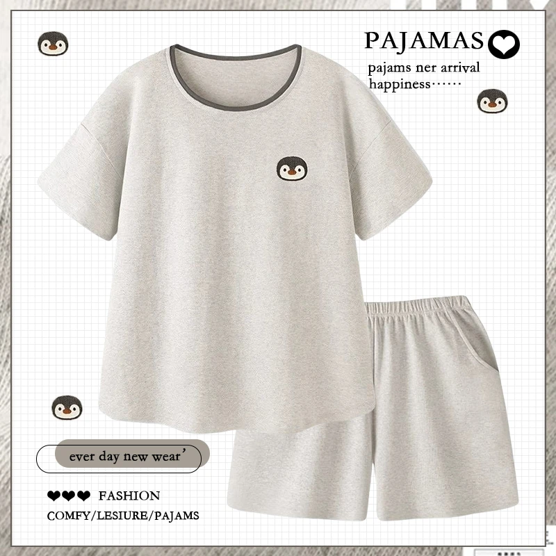 卡通企鹅纯棉睡衣女款夏季短袖短裤休闲简约家居服套装薄2025新款