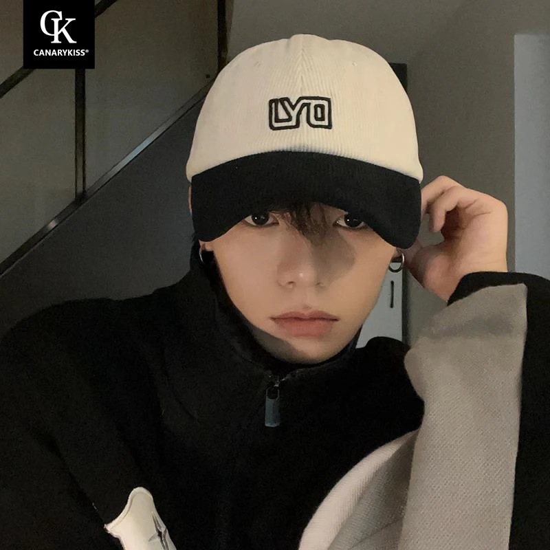 CanaryKiss韩版拼色灯芯绒刺绣字母棒球帽子男时尚弯檐鸭舌帽潮女