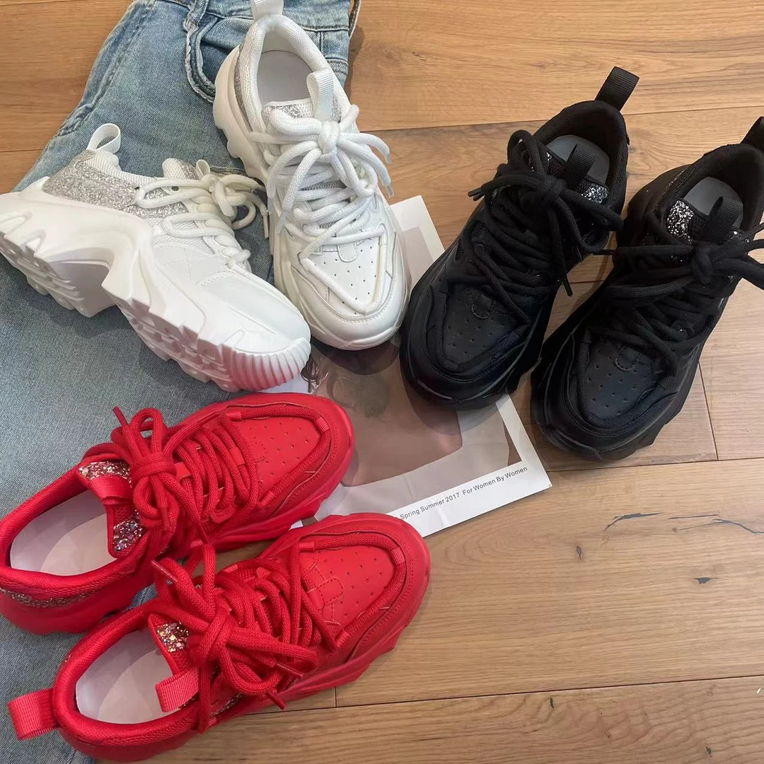 10021【珊BOSS】厚底亮片系带运动老爹鞋女