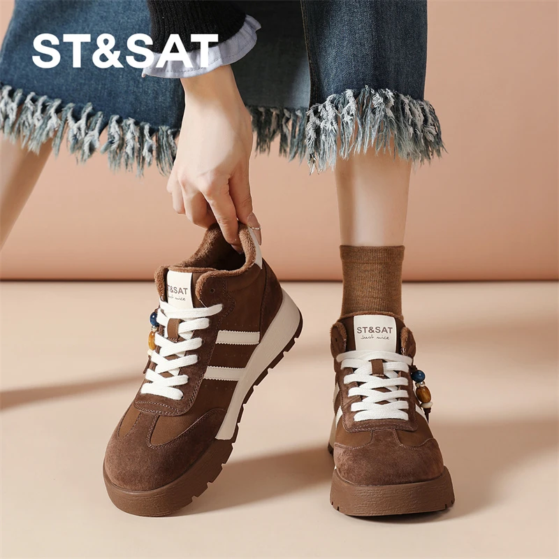 星期六真皮复古流苏德训鞋女鞋2025冬季爆款休闲鞋厚底加绒高帮鞋