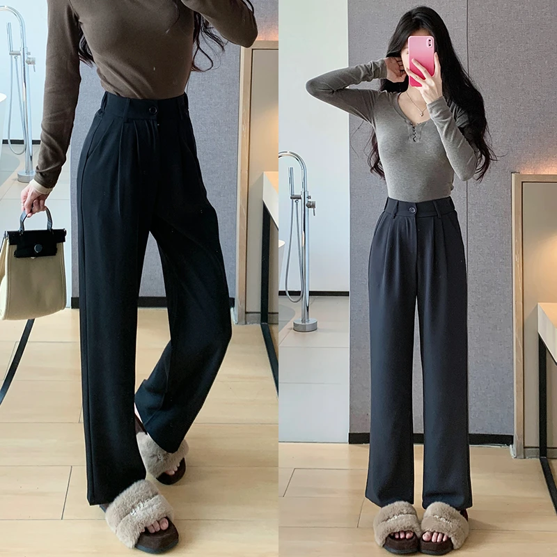 黑色极简西装裤女春夏季新款高腰窄版显瘦休闲阔腿裤子垂感高级感