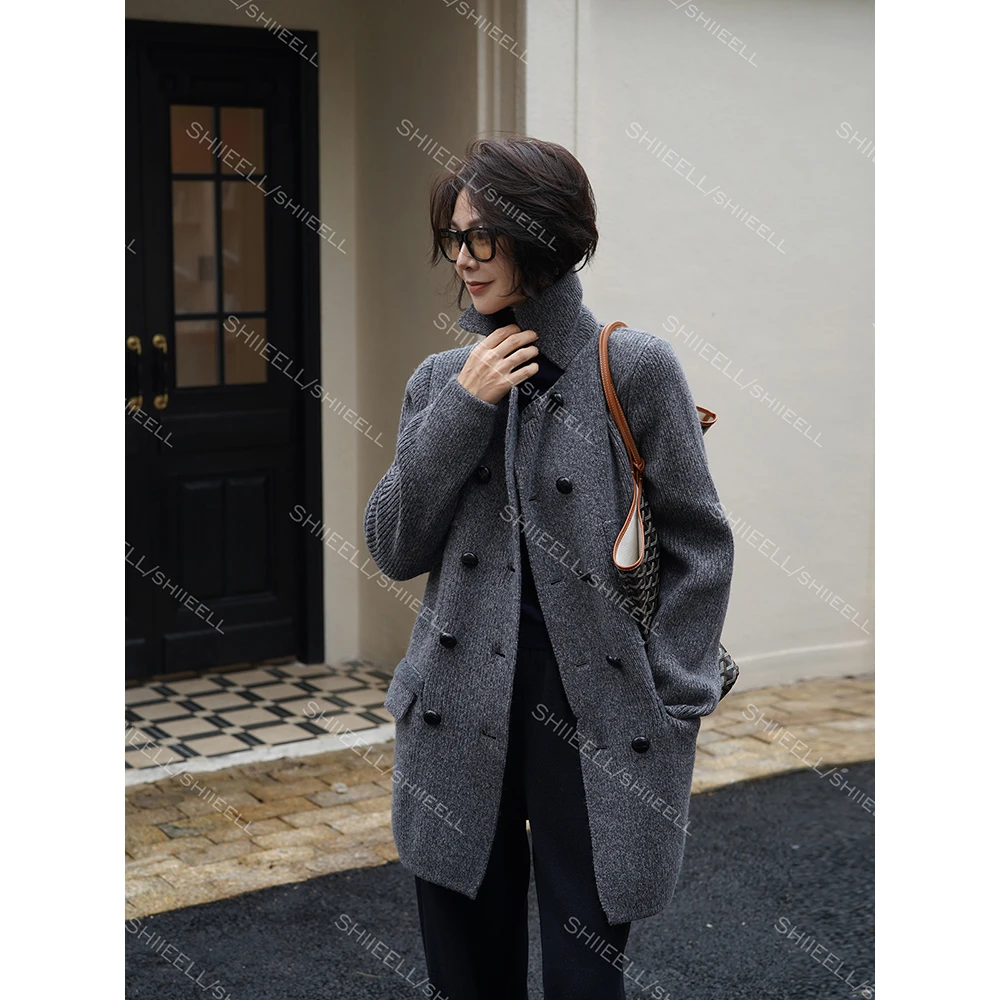 SHIIEELL【miu系千金】中长款气质复古修身宽松双排扣显瘦外套W5389