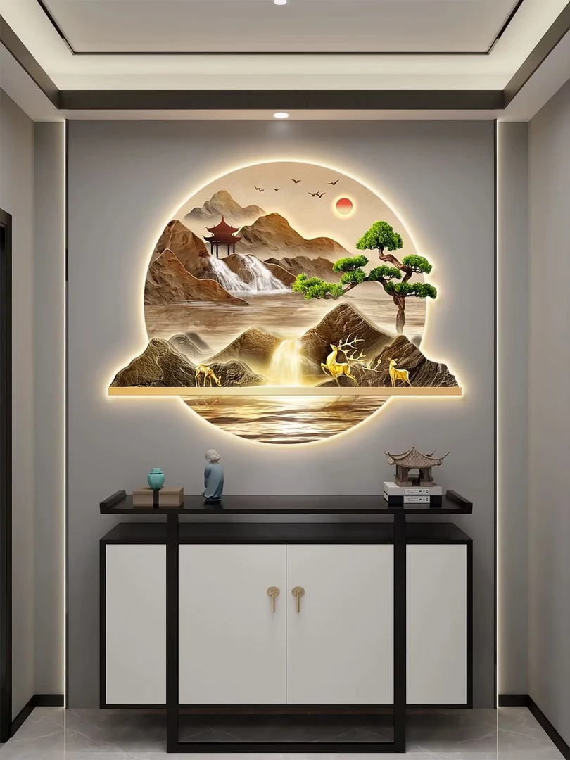 迎客松挂画新中式入户玄关装饰画正对门高级感带灯画走廊过道壁画