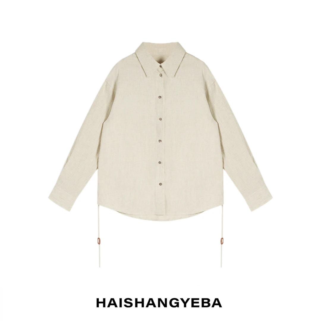 【海上叶爸】新款2025春夏百搭亚麻翻领宽松休闲长袖衬衫